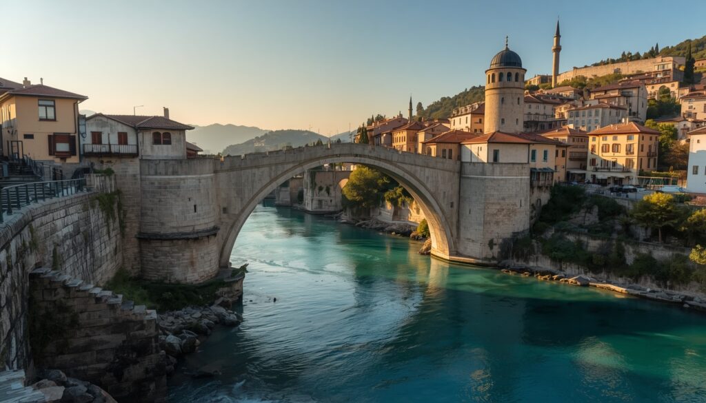 Stari Most, a Ponte Velha de Mostar na Bósnia e Herzegovina, construção otomana do século XVI reconstruída após a guerra, com o Rio Neretva azul-turquesa abaixo e casas de pedra ao redor