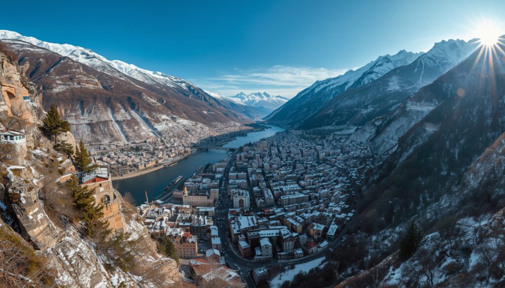 Vista panorâmica de Andorra la Vella, a capital mais alta da Europa, com montanhas dos Pireneus cobertas de neve ao fundo, destino europeu para brasileiros em 2026