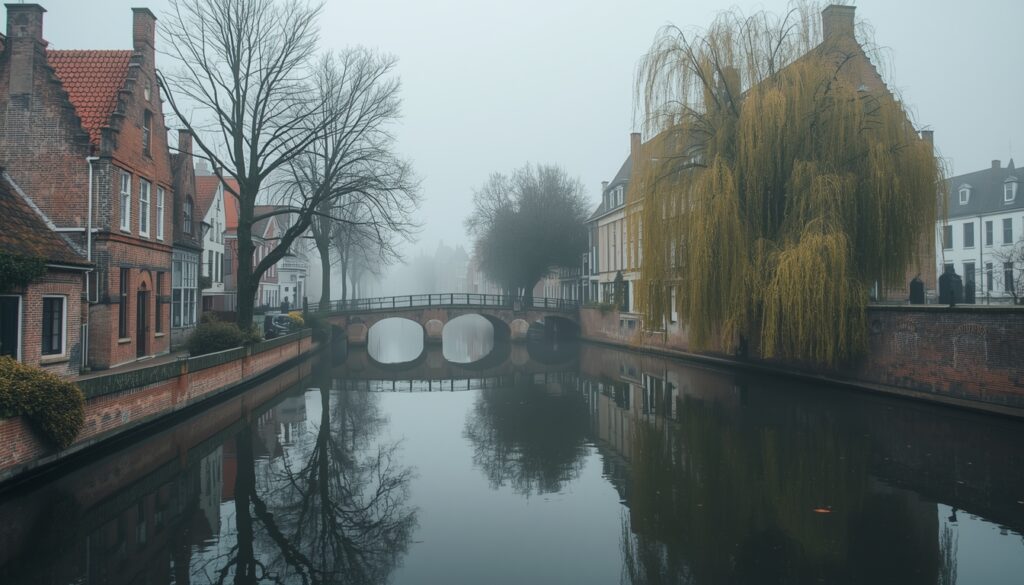 Canais medievais de Bruges, na Bélgica, com casas históricas refletidas na água — a Veneza do Norte que todo brasileiro quer conhecer