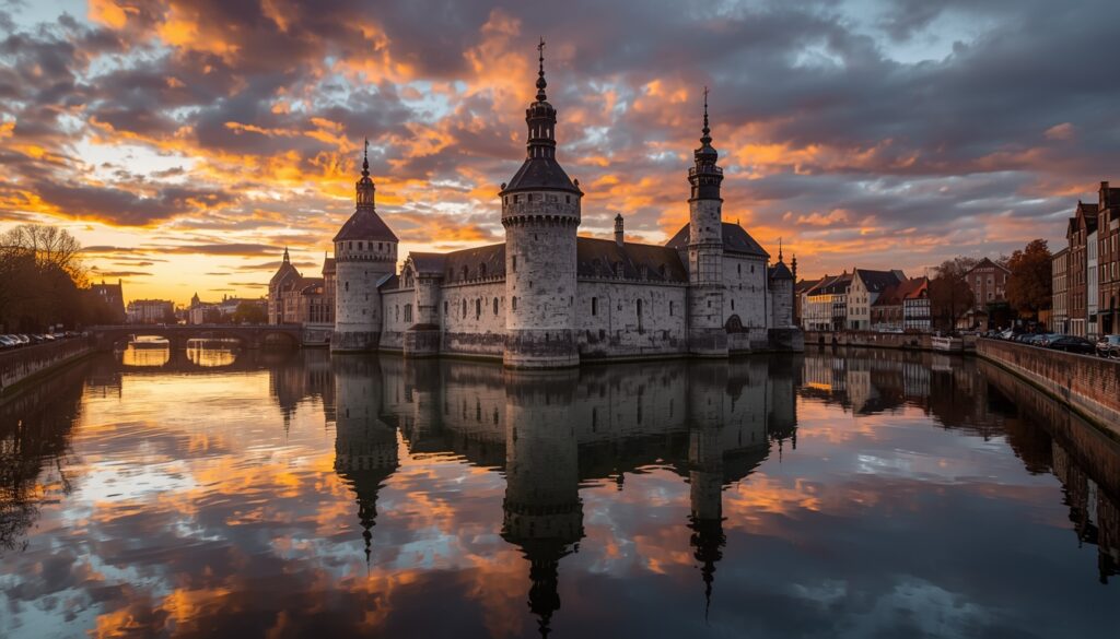 Castelo dos Condes (Gravensteen) em Gante, Bélgica, com reflexo no canal — cidade menos visitada que Bruges mas igualmente impressionante
