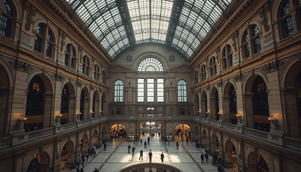 Interior imponente da Estação Central de Antuérpia, na Bélgica, com cúpulas de vidro e mármore — considerada a estação de trem mais bela da Europa