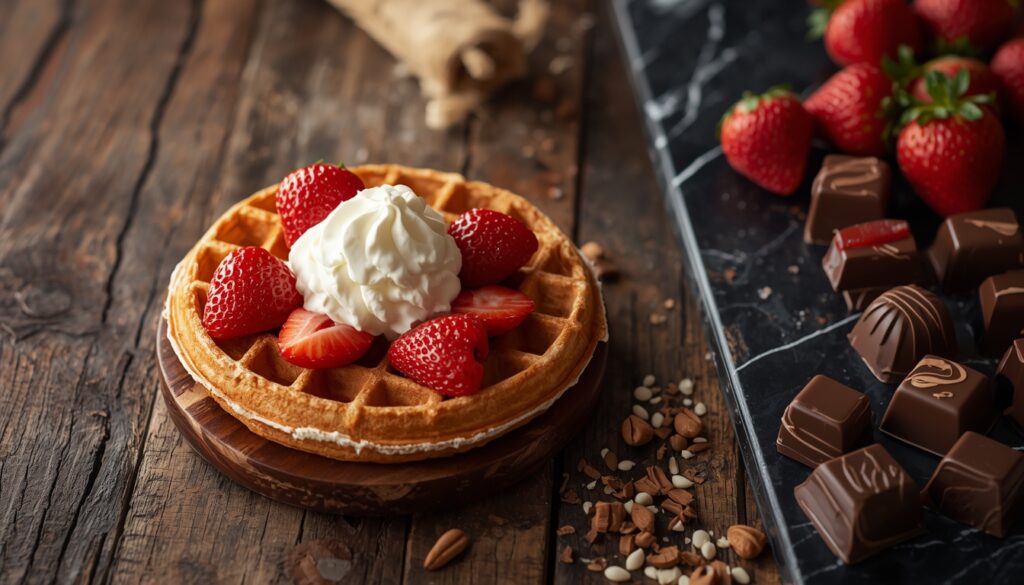 Waffle belga e chocolates artesanais expostos em loja na Bélgica — gastronomia que nenhum viajante brasileiro pode deixar de experimentar