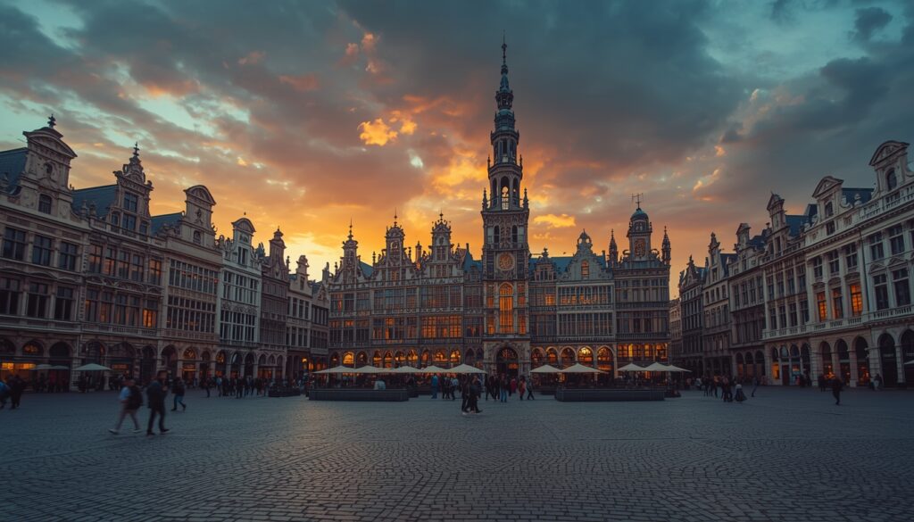 Vista noturna da Grand Place de Bruxelas, com fachadas barrocas iluminadas — ponto obrigatório para quem vai viajar para a Bélgica em 2026