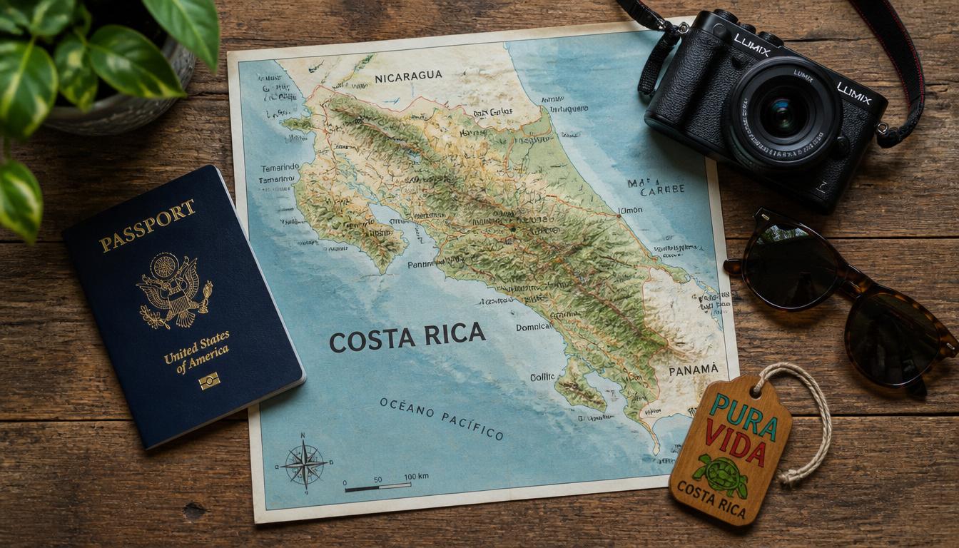 Passaporte e mapa de roteiro de viagem para a Costa Rica com documentação necessária em 2026