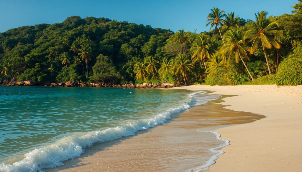 Viajar para Costa Rica em 2026: Guia para Brasileiros Mar de águas azul-turquesa e areia clara na praia do Parque Nacional Manuel Antonio, destaque para viajar para Costa Rica.