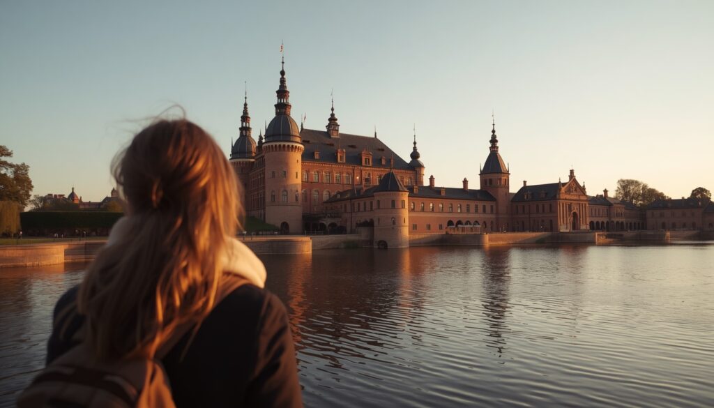 Viajar para a Dinamarca em 2026: Guia Completo de Viagem Turista observando a fachada majestosa do Castelo de Frederiksborg sobre o lago na Dinamarca.