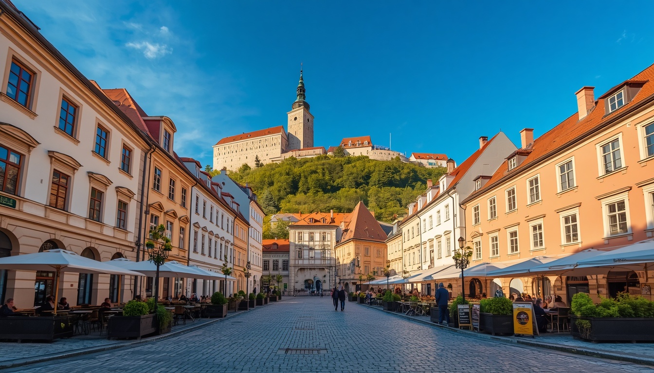 Vista panorâmica de Bratislava com o Castelo ao fundo e o Rio Danúbio em 2026