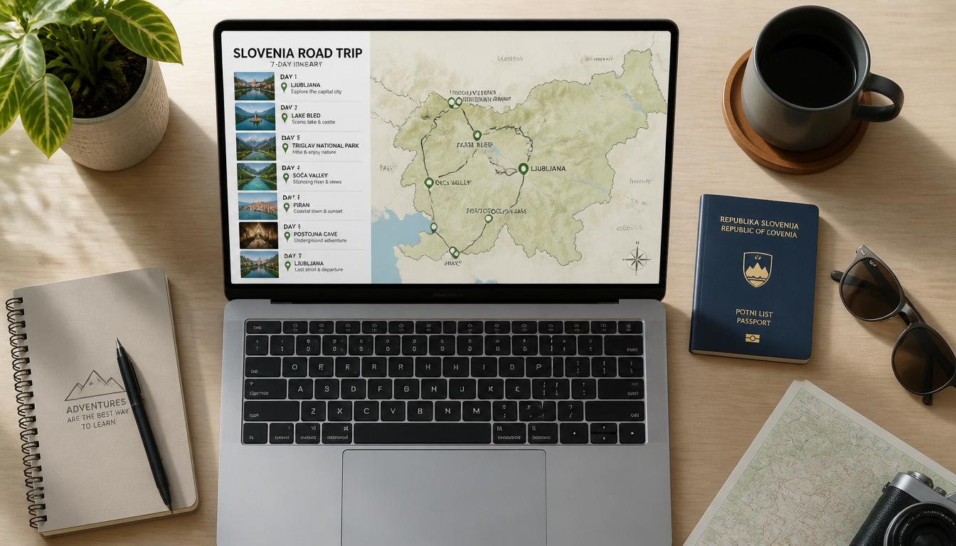Planejamento de roteiro para viajar para a Eslovênia em 2026 com mapa e caderno de viagem