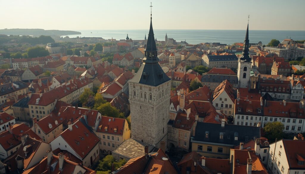 Viajar para Estônia em 2026: guia completo para brasileiros viajar para Estônia Vista panorâmica da Cidade Velha de Tallinn na Estônia com torres medievais, telhados coloridos e muralhas históricas