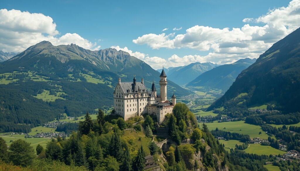  Castelo de Vaduz no alto da colina com as montanhas dos Alpes ao fundo e a capital Vaduz abaixo — principal atração para quem viaja para Liechtenstein em 2026