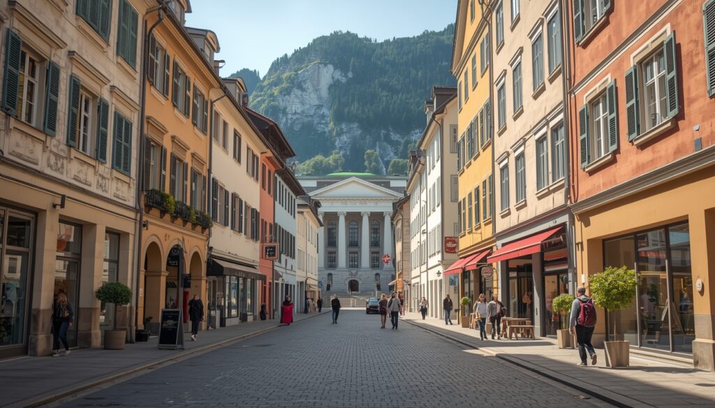 Rua principal Städtle de Vaduz, capital de Liechtenstein, com pedestres, lojas e o Parlamento ao fundo — centro turístico de quem vai viajar para Liechtenstein