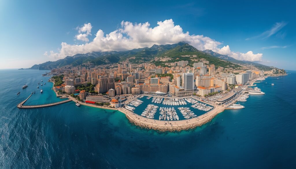 Vista panorâmica de Mônaco com o Porto de Hércules, iates luxuosos e o Cassino de Monte-Carlo ao fundo — destino dos sonhos para quem quer viajar para Mônaco