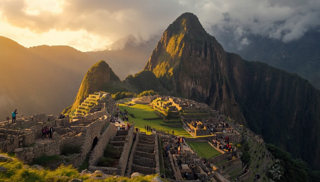 viajar para o Peru turistas observando Machu Picchu durante viagem para o Peru em 2026 com montanhas andinas e céu azul ao fundo