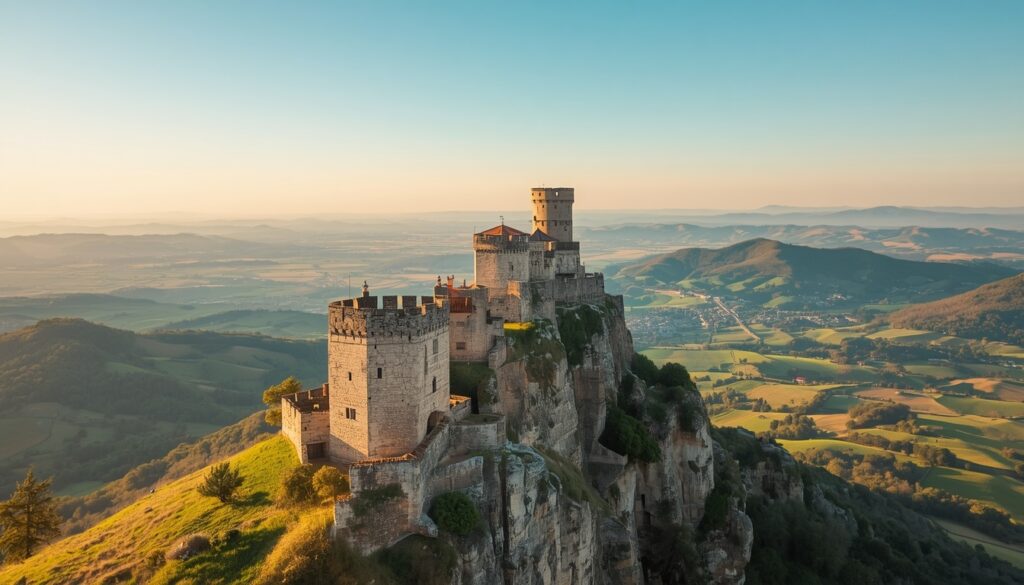 Vista panorâmica do Monte Titano em San Marino com as três torres medievais ao fundo e vale verde da Emília-Romanha