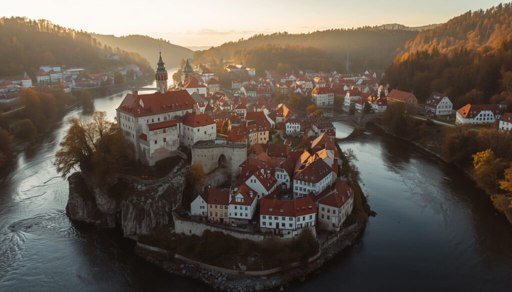 Vista aérea da cidade medieval de Ceský Krumlov na República Tcheca com o castelo no alto e o Rio Vltava circundando o centro histórico