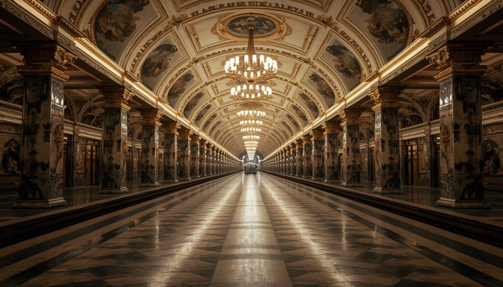 Viajar para a Rússia em 2026: guia completo para brasileiros Interior de estação do metrô de Moscou com arquitetura soviética, mosaicos e lustres monumentais — viajar para Rússia brasileiros 2026