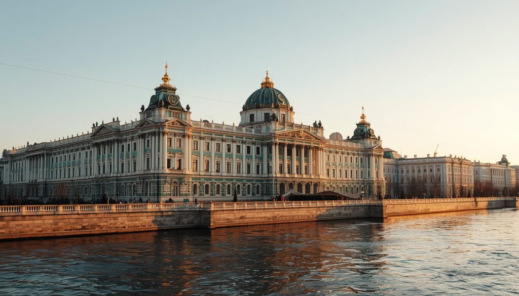 Fachada barroca do Museu Hermitage em São Petersburgo refletida no canal ao entardecer — seguro viagem Rússia 2026