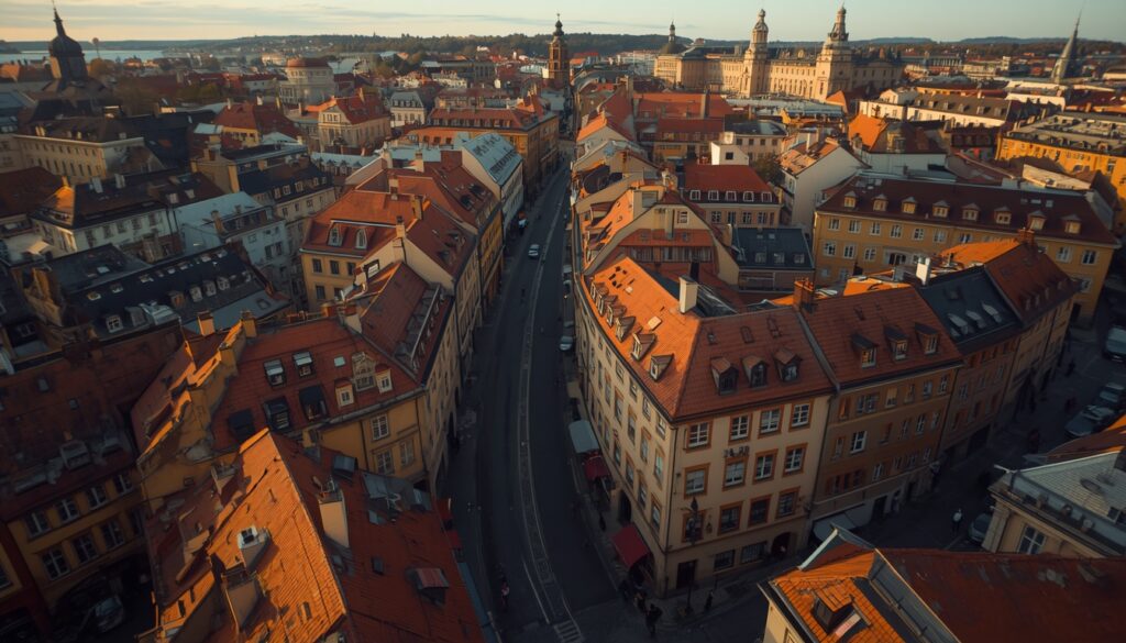 Viajar para a Suécia 2026: Guia Completo para Brasileiros Viagem para a Suécia — ruas históricas de Gamla Stan em Estocolmo com fachadas coloridas e paralelepípedos medievais ao entardecer