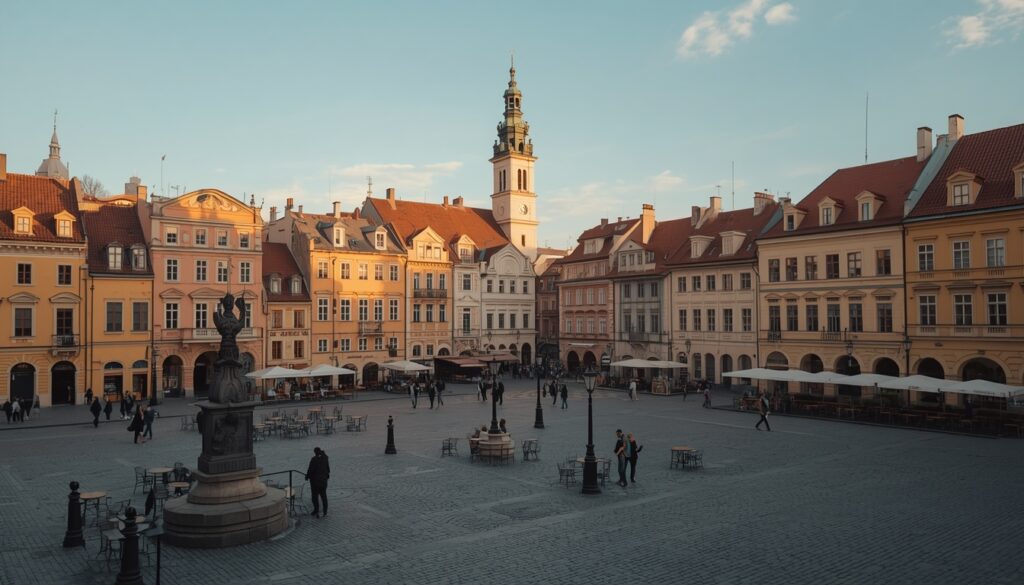 Viajar para a Ucrânia — Praça Rynok no centro histórico de Lviv, Patrimônio Mundial da UNESCO, com casarões renascentistas e barrocos e cafés nas calçadas da cidade mais acessível da Ucrânia para turistas em 2026