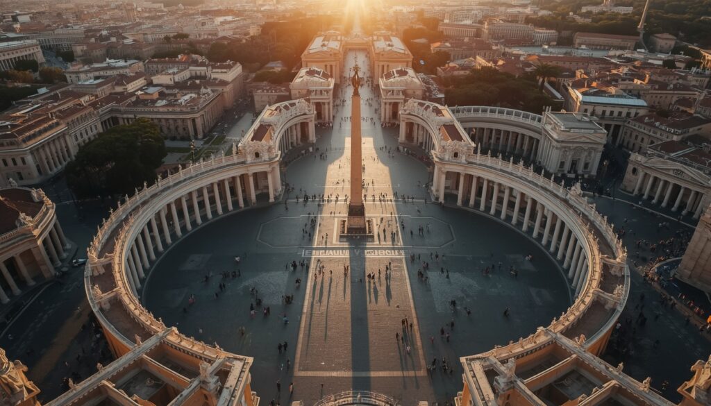 Vista aérea da Praça de São Pedro no Vaticano com as colunatas de Bernini e a Basílica ao fundo — guia completo para viajar ao Vaticano em 2026