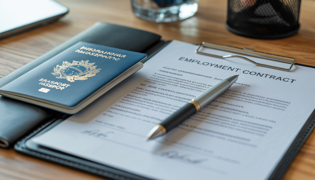 Passaporte brasileiro e documentos sobre mesa representando o processo de solicitação do visto de trabalho na Islândia para brasileiros