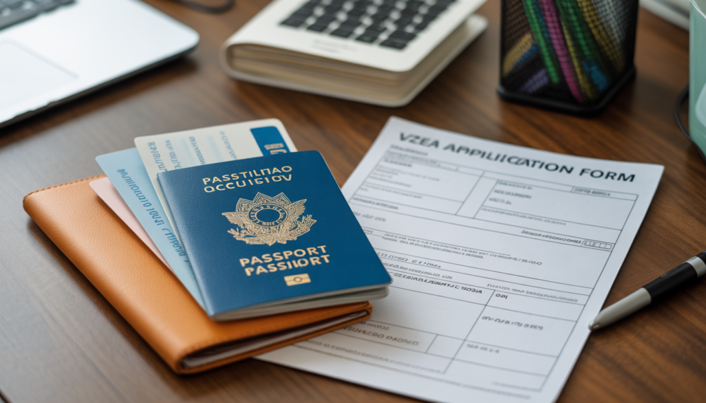 Passaporte brasileiro e documentos apostilados organizados sobre a mesa para processo de visto de longa duração da República Tcheca em 2026