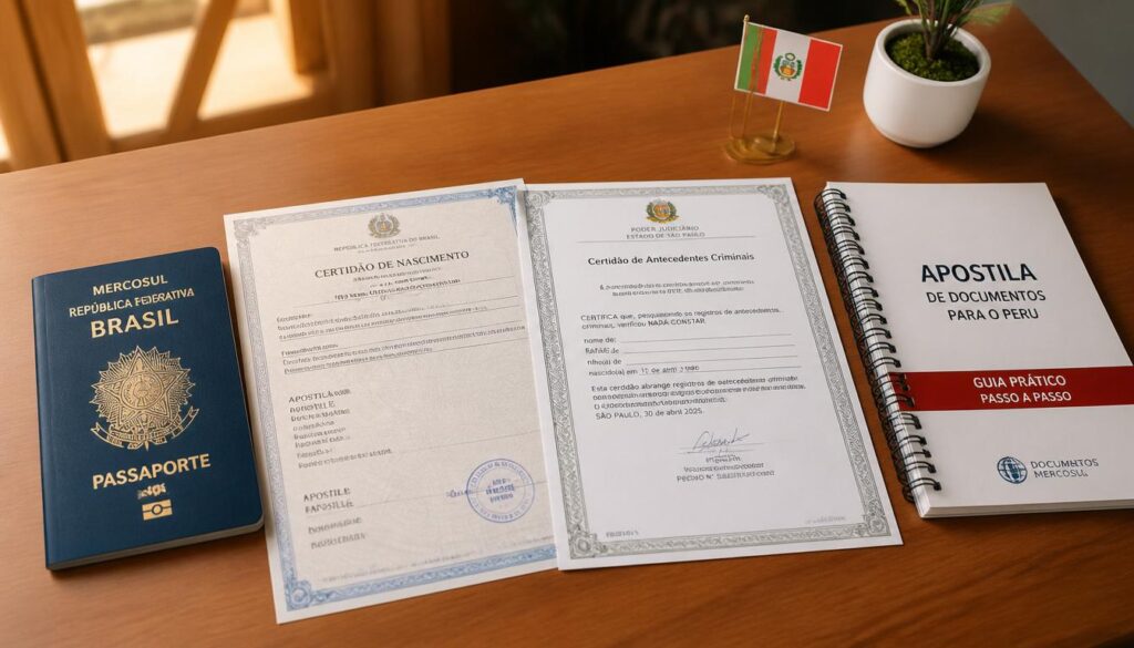 Passaporte brasileiro e certidões apostiladas para visto de residência Mercosul no Peru, documentos necessários para morar no Peru em 2026