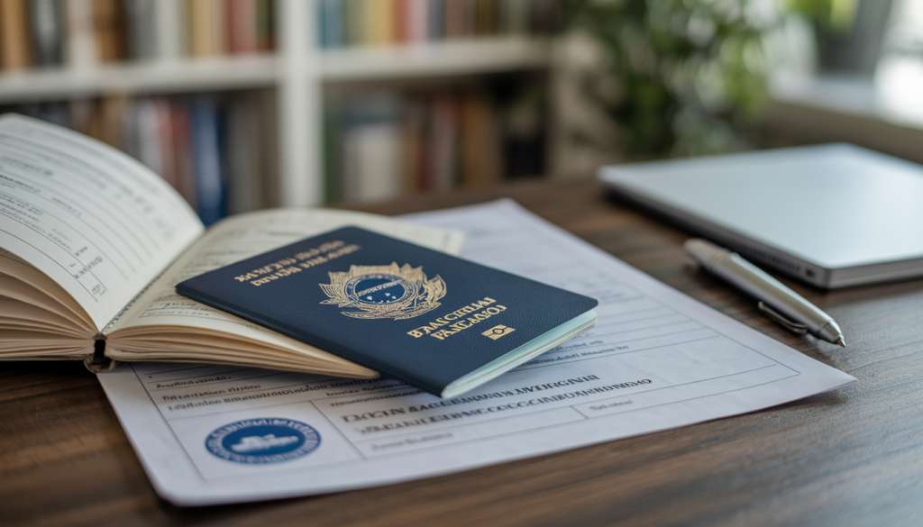 Mesa com documentos, passaporte e formulários de imigração representando o processo de visto de trabalho para morar na Islândia como brasileiro