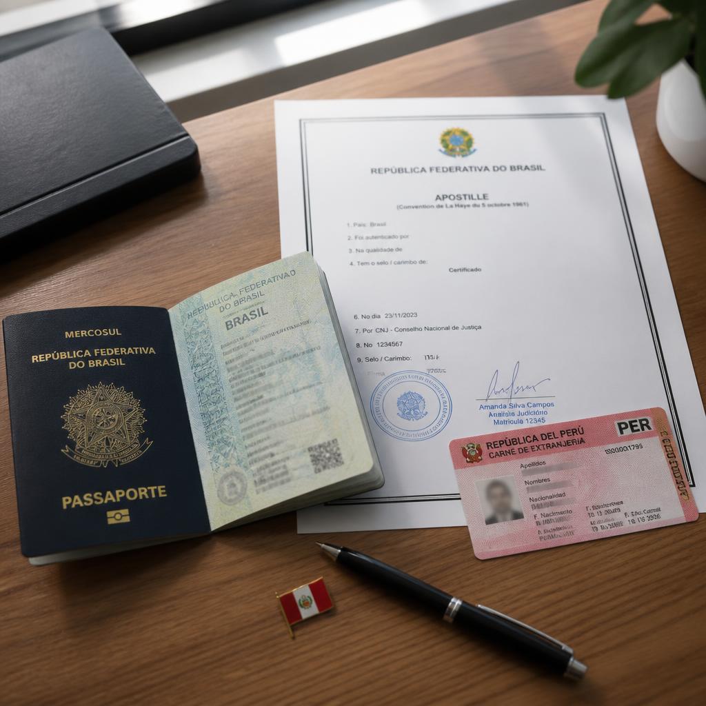 Passaporte brasileiro e documentos apostilados para visto de trabalho no Peru e Carnet de Extranjería para estrangeiros