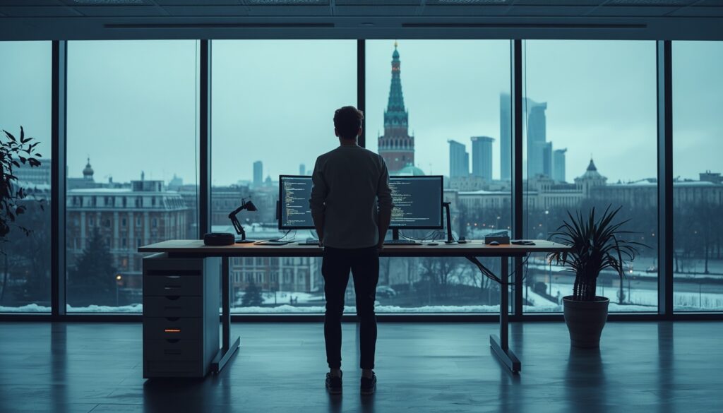 Profissional de tecnologia trabalhando em escritório moderno em Moscou — categoria HQS especialista altamente qualificado visto de trabalho Rússia 2026