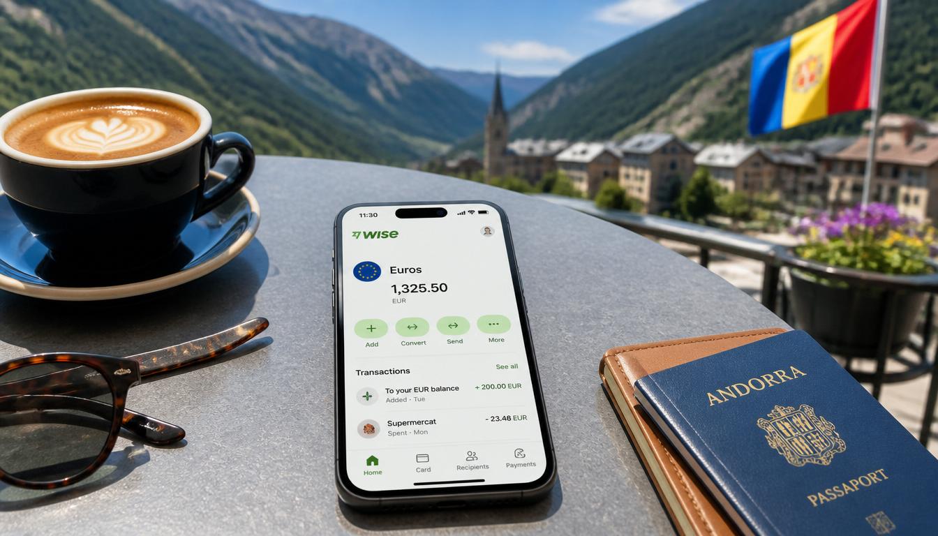 Aplicativo Wise no celular mostrando saldo em euro para uso em Andorra em 2026