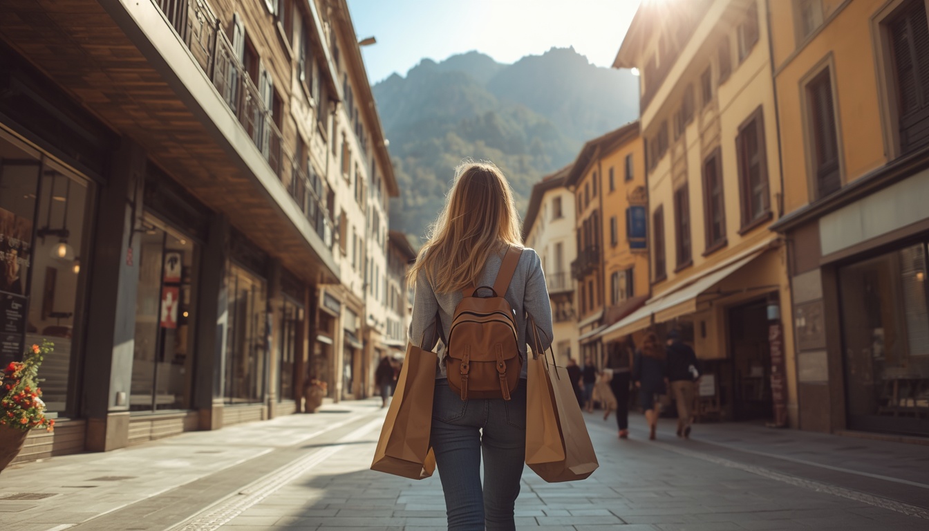 Turista fazendo compras duty-free em Andorra la Vella com cartão Wise internacional em 2026