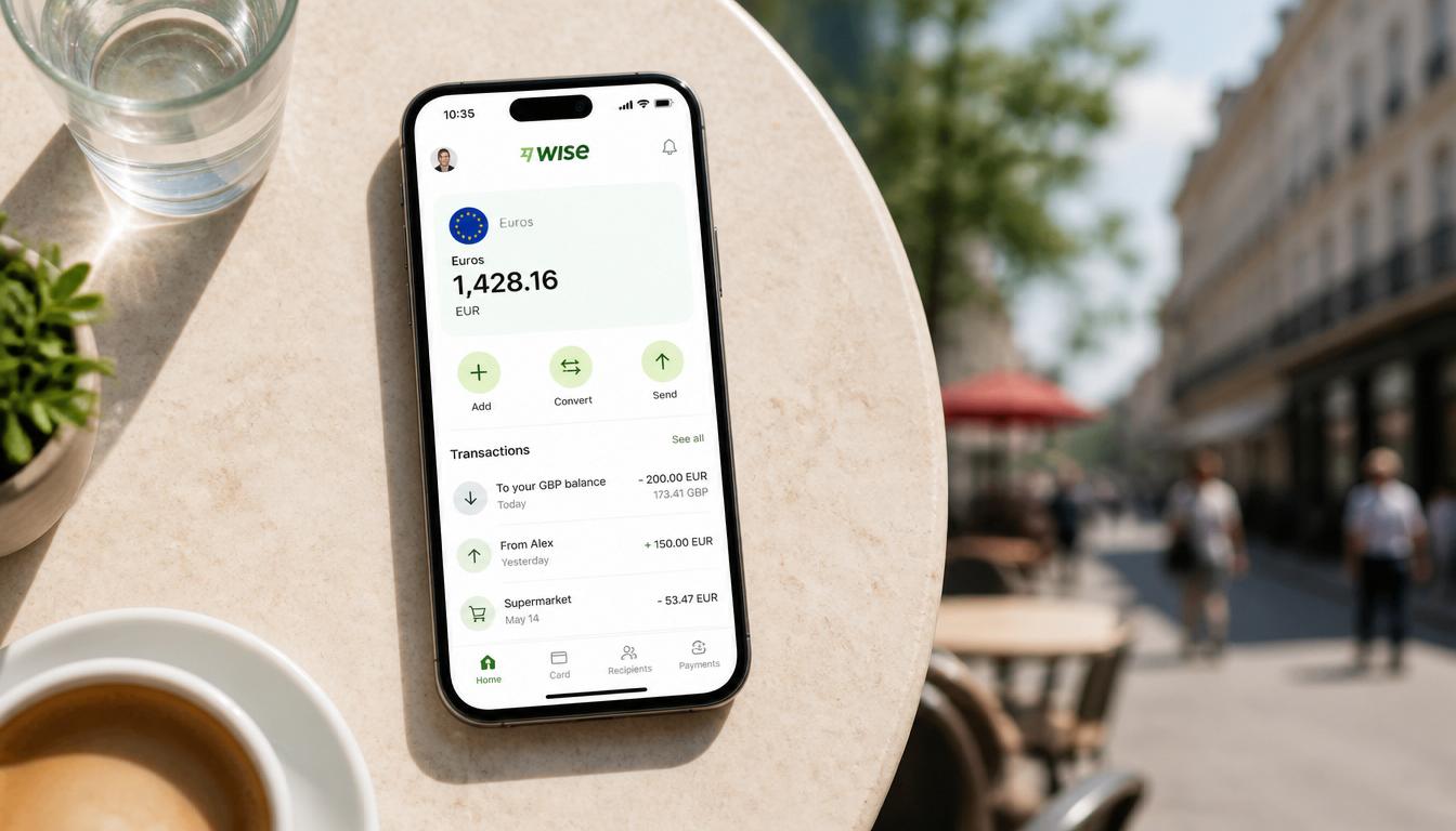 Aplicativo Wise no celular mostrando saldo em euros na Alemanha 2026