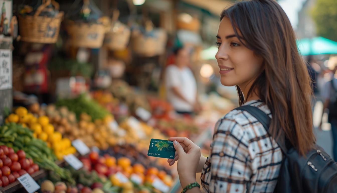 Turista brasileiro fazendo compras no mercado alemão com cartão Wise 2026