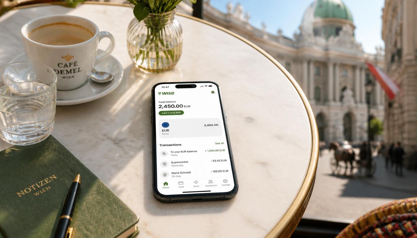 Aplicativo Wise no celular mostrando saldo em euro para viagem à Áustria em 2026
