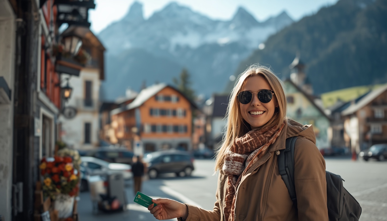 Turista fazendo compras e turismo na Áustria com cartão Wise internacional em 2026