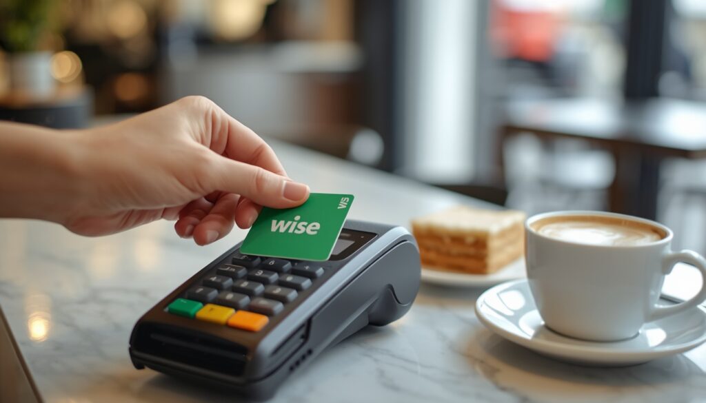 Mão utilizando o cartão multimoeda Wise verde-esmeralda para pagar por aproximação em um café tradicional de Viena.