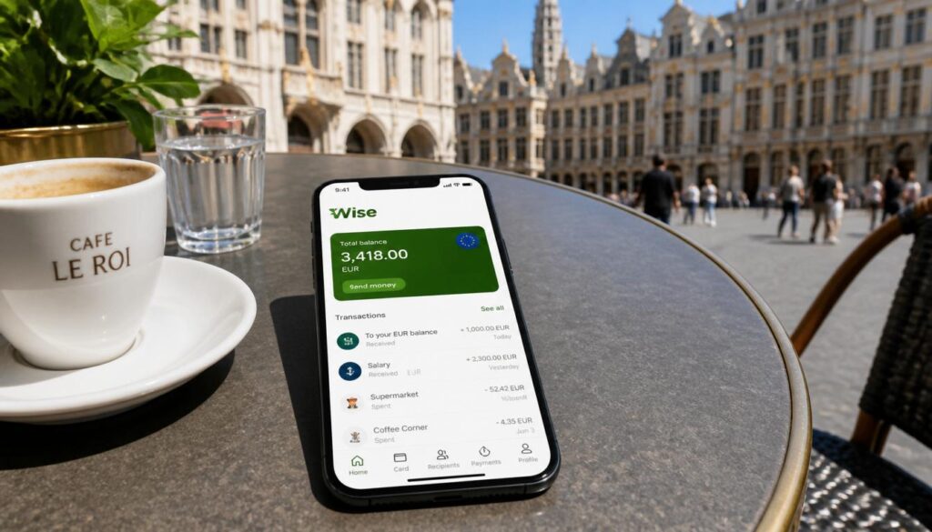 Smartphone exibindo a tela do aplicativo Wise com saldo em Euros sobre uma mesa com arquitetura belga ao fundo.