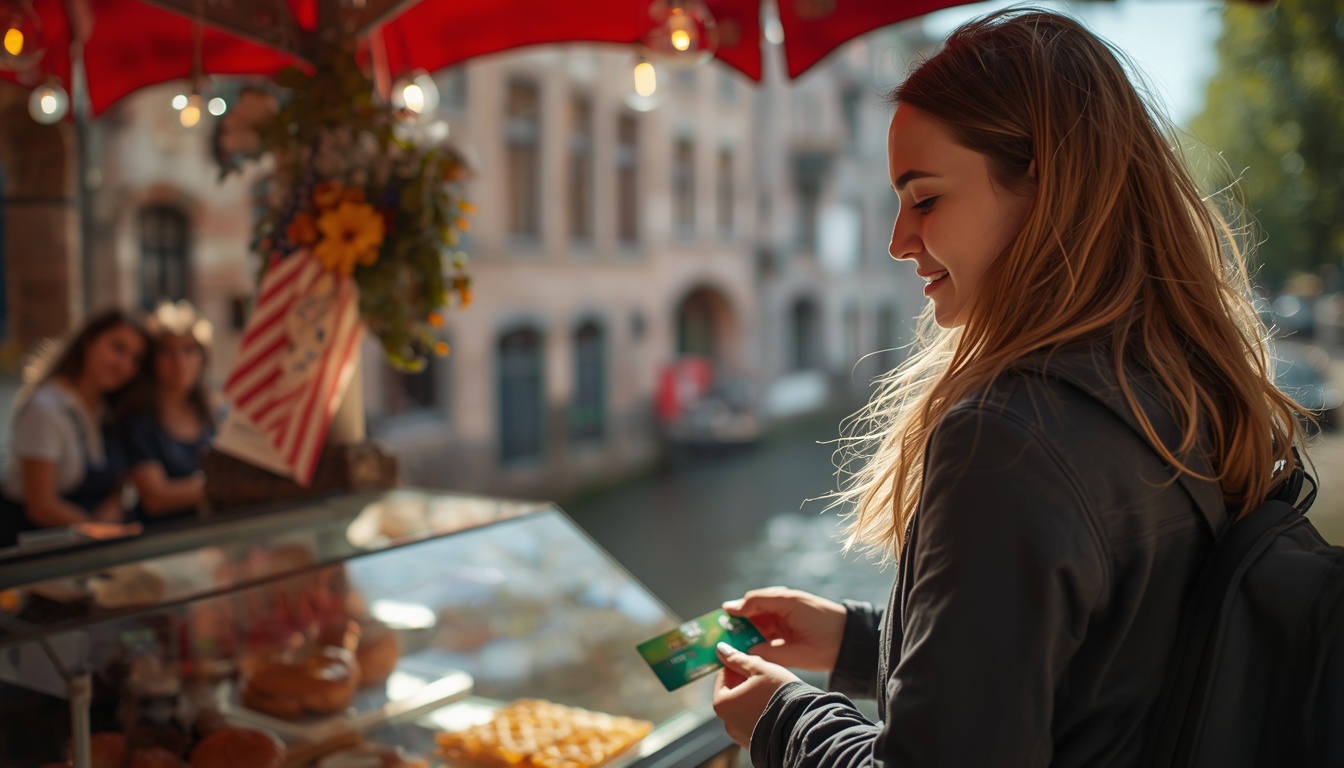 Turista comprando chocolates belgas e usando cartão Wise na Bélgica em 2026