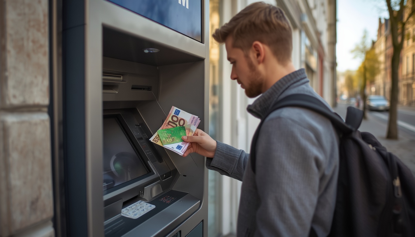 Caixa eletrônico na Bélgica mostrando opção de saque em euros com cartão Wise em 2026
