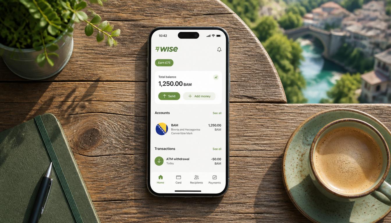 Aplicativo da Wise no celular mostrando saldo em BAM na Bósnia e Herzegovina em 2026
