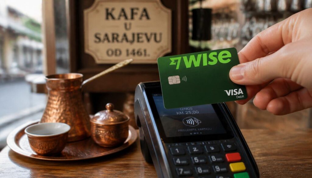 Mão utilizando o cartão multimoeda Wise verde-esmeralda para pagar por aproximação em uma cafeteria tradicional em Sarajevo.
