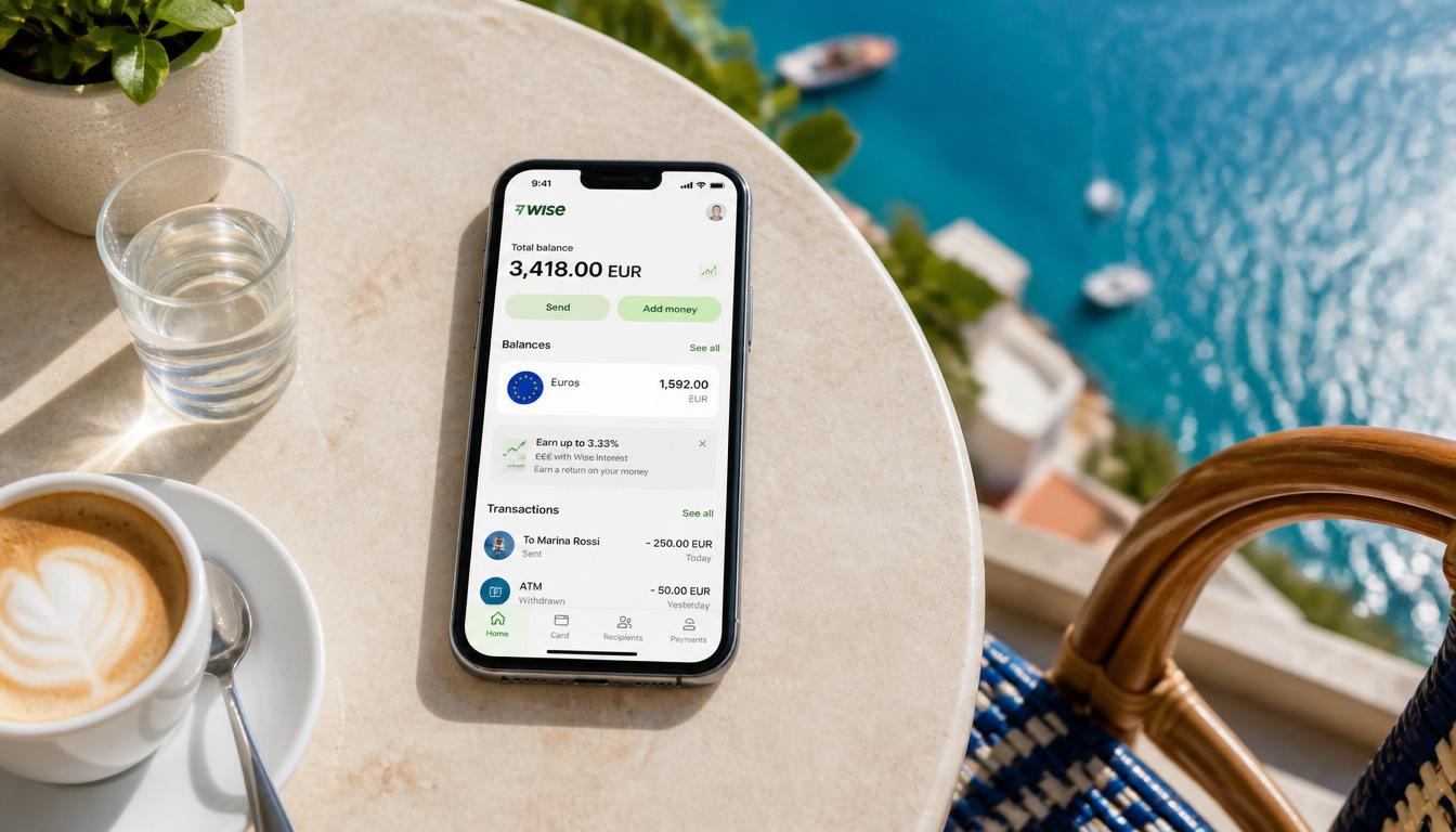 Aplicativo Wise no celular exibindo saldo em euro para uso como conta internacional na Croácia em 2026