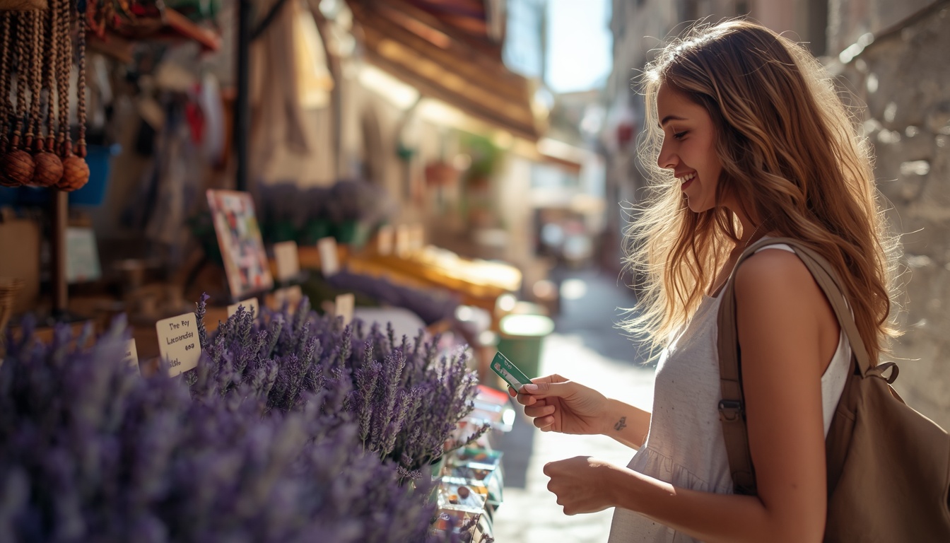 Turista brasileiro comprando artesanato croata e pagando com cartão Wise na Croácia em 2026