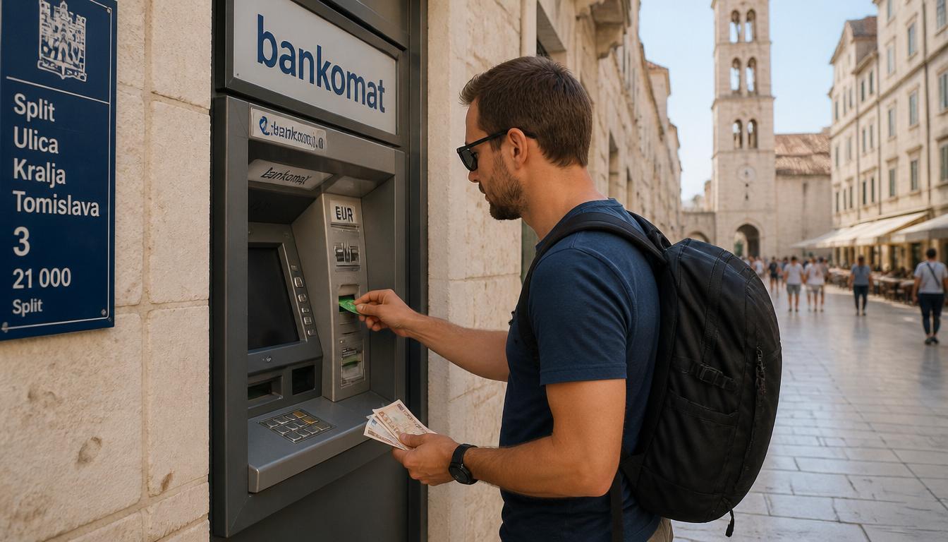 Caixa eletrônico na Croácia com turista usando cartão Wise para saque em euros nas ilhas do Adriático em 2026