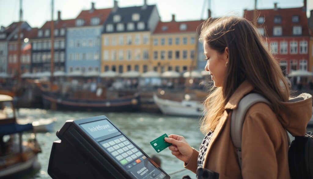 Viajante retirando notas de Coroa Dinamarquesa em um caixa eletrônico em Copenhague utilizando o cartão Wise.