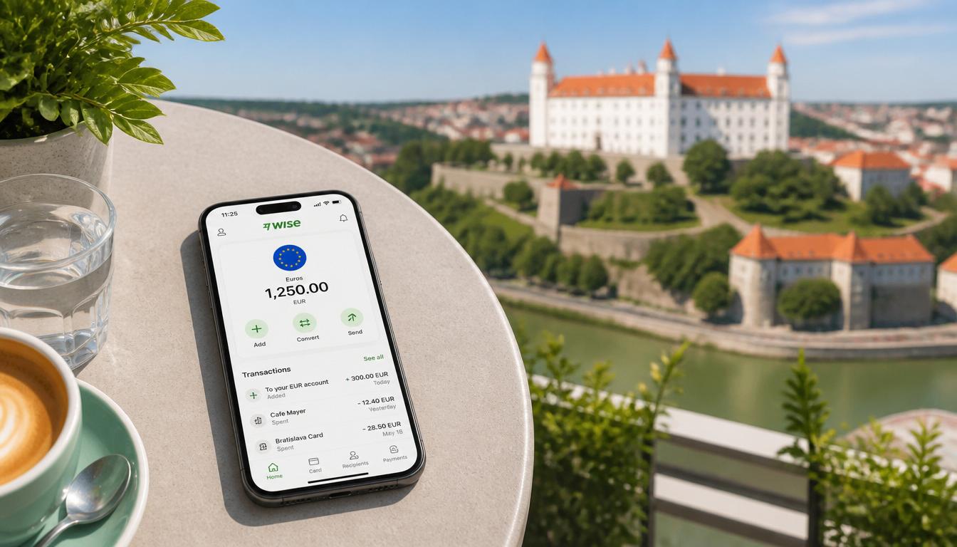 Aplicativo da Wise no celular com saldo em euros para usar na Eslováquia em 2026