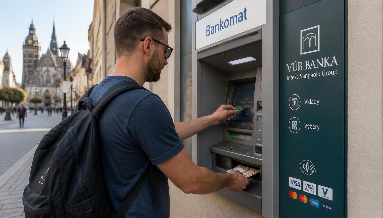 Turista usando cartão Wise em caixa eletrônico em Bratislava Eslováquia para sacar euros 2026