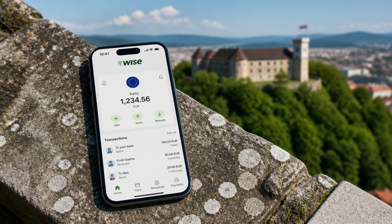 Aplicativo da Wise no celular com saldo em euros para uso na Eslovénia em 2026