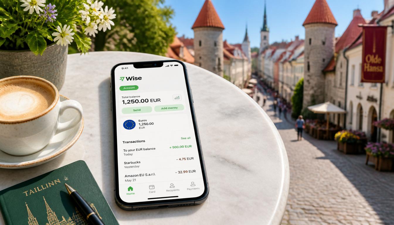 Aplicativo Wise no celular mostrando saldo em euro para viagem à Estónia em 2026 em Tallinn